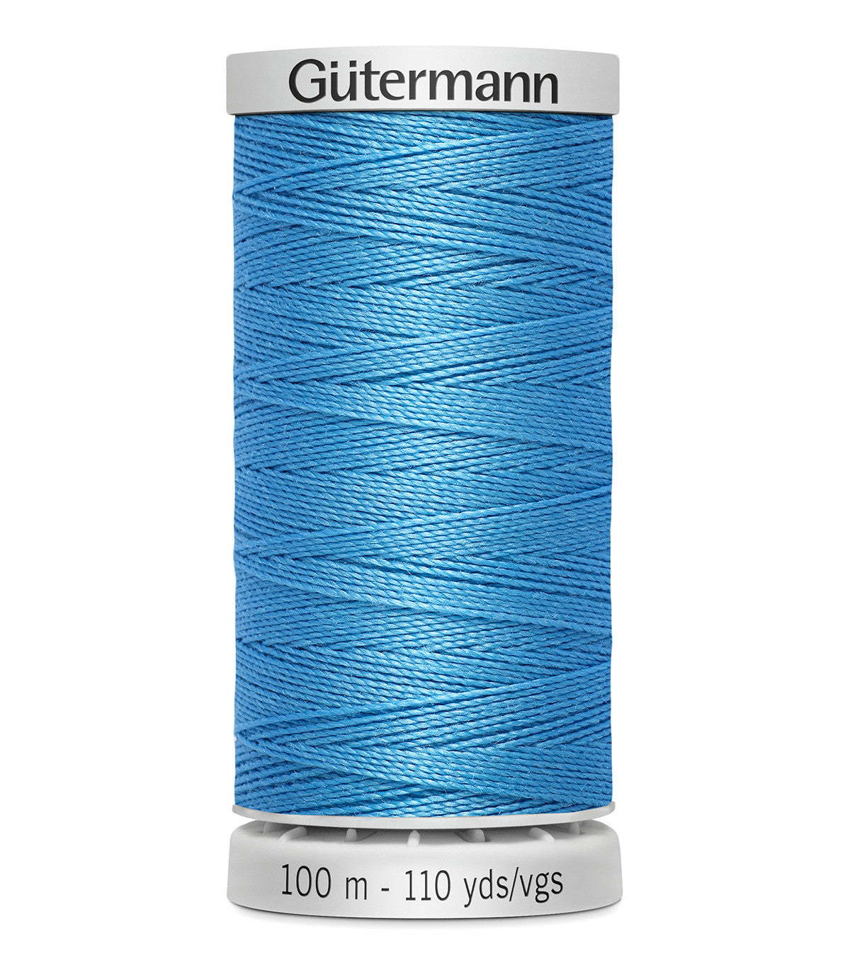 Spool of blue thread with 'Gütermann' branding on a white background