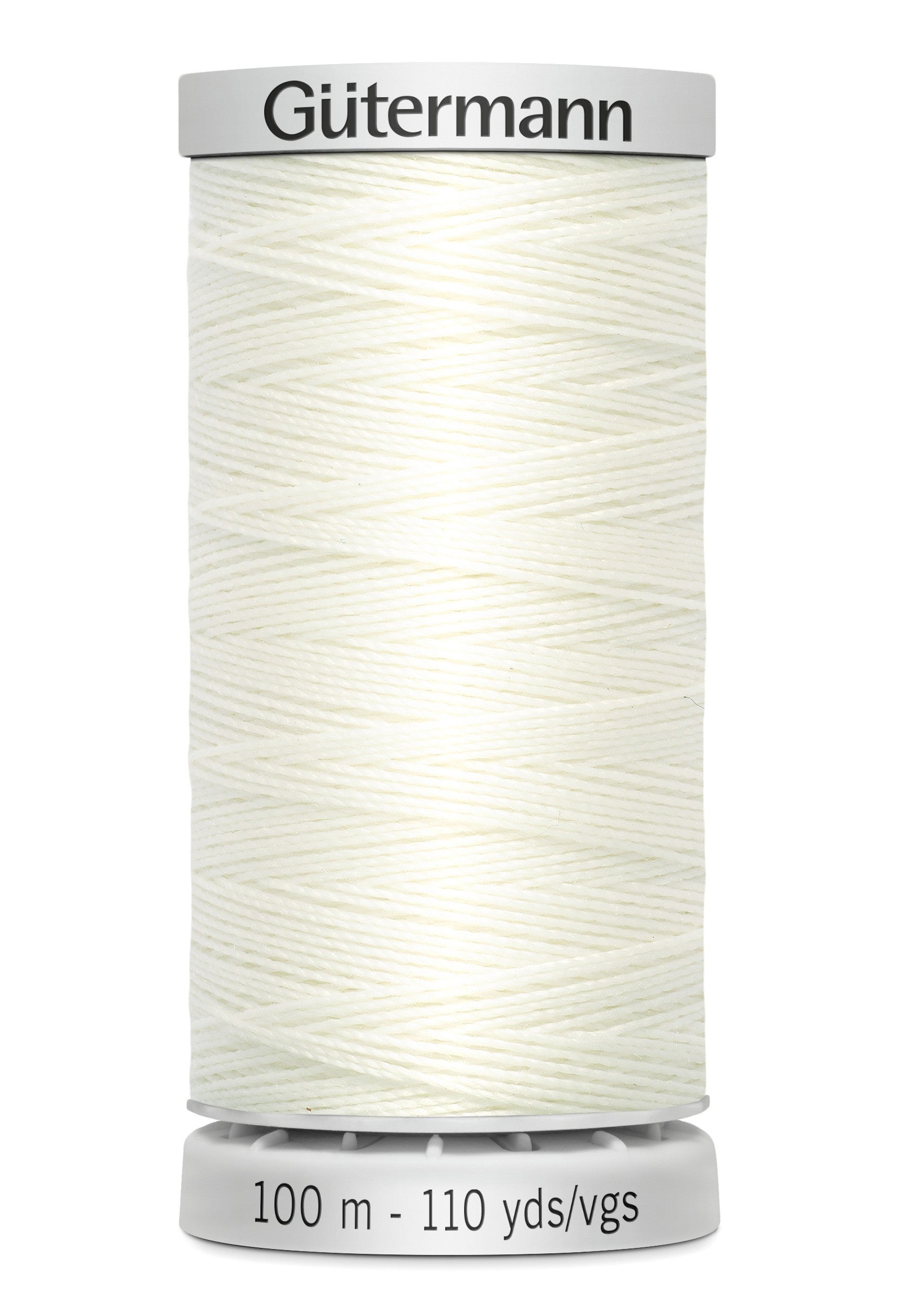 Spool of white thread with 'Gütermann' branding on a white background