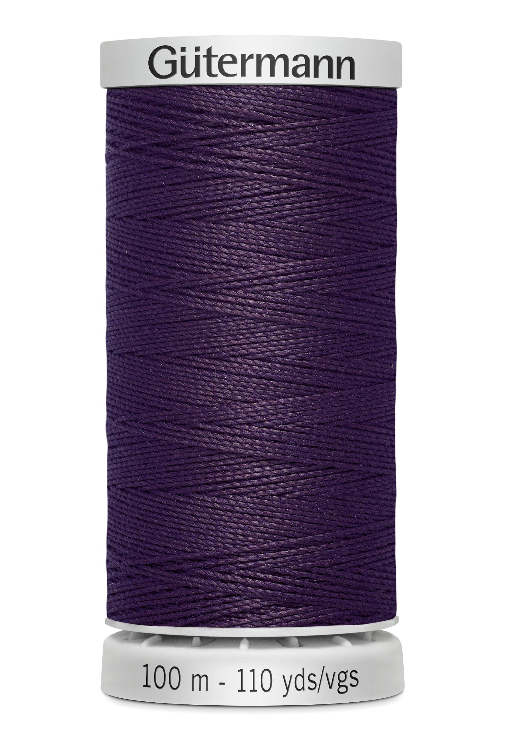Spool of purple thread with 'Gütermann' branding on a white background