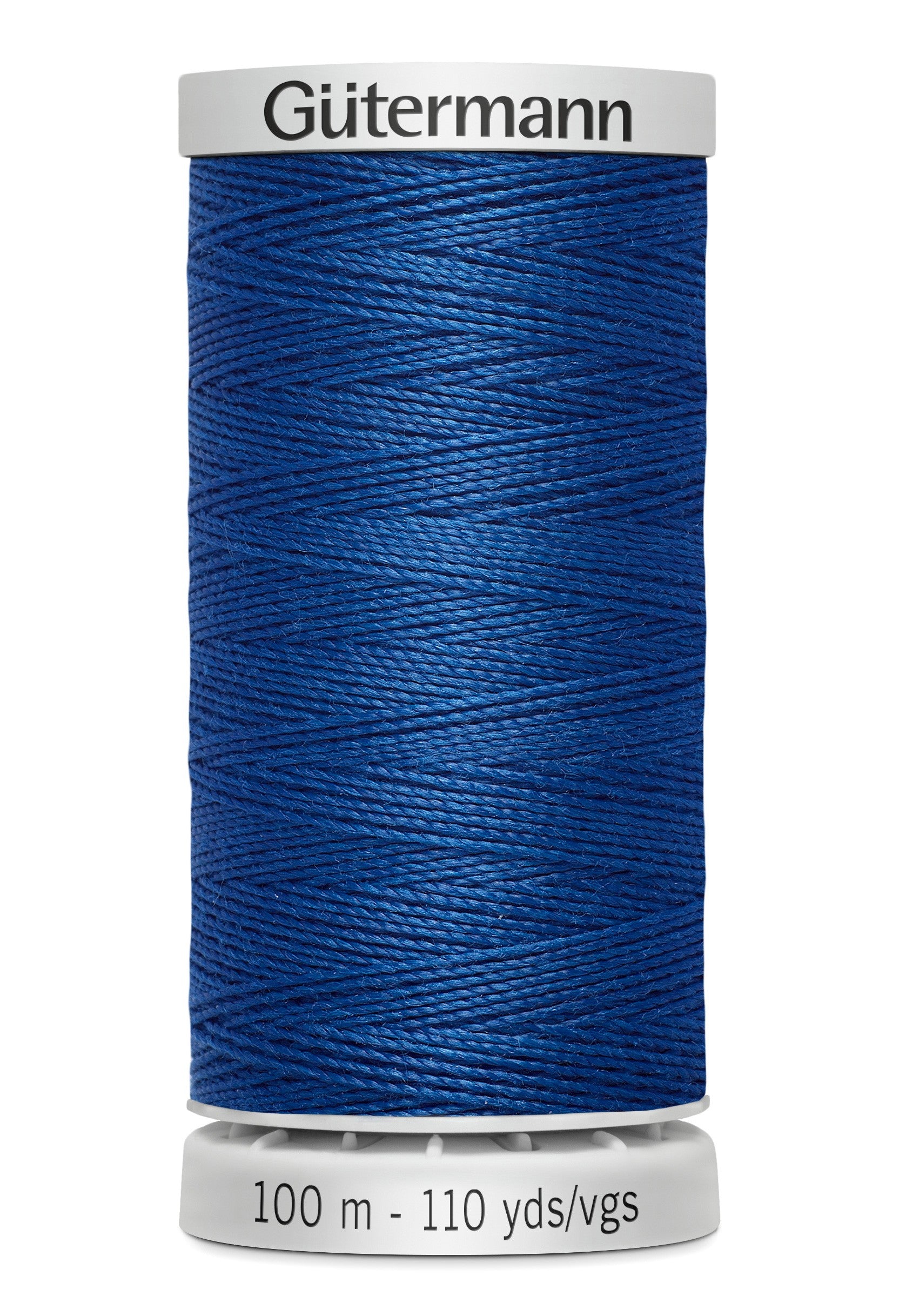 Spool of blue thread with 'Gütermann' branding on a white background