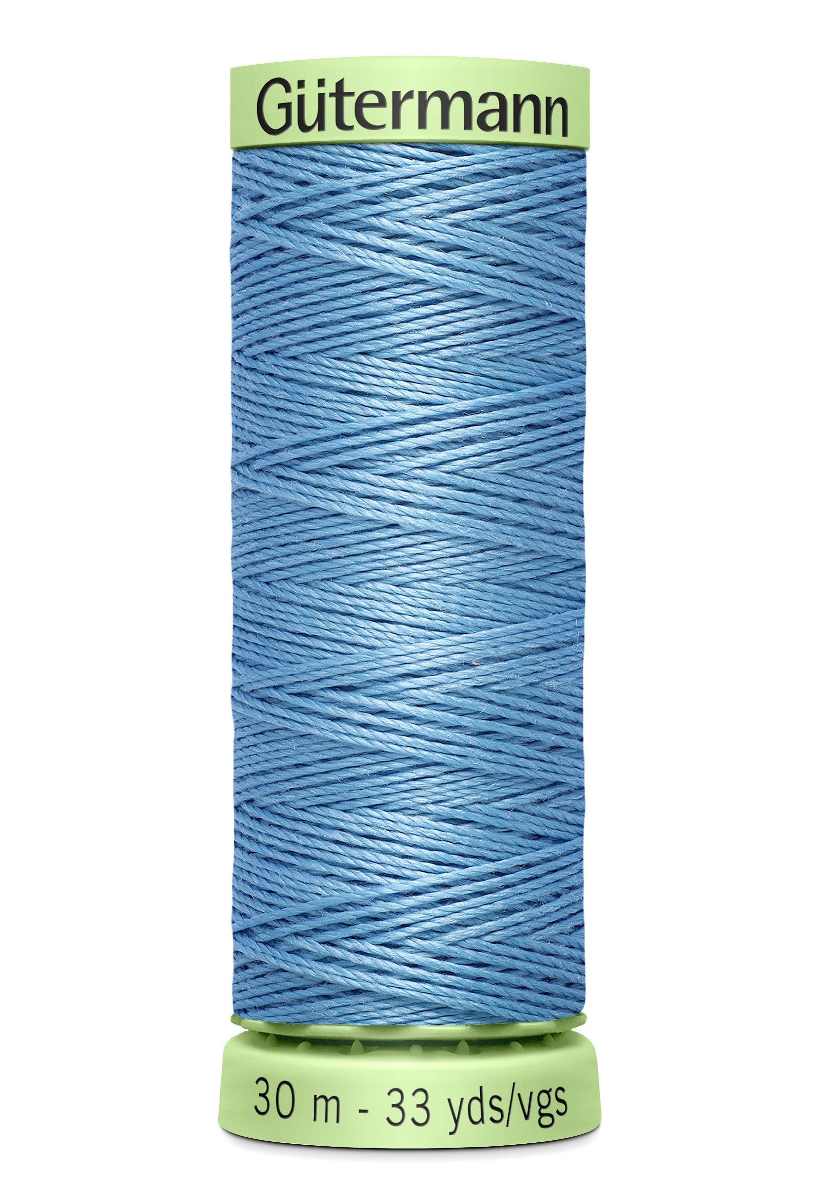 Spool of blue thread with 'Gütermann' branding on a white background