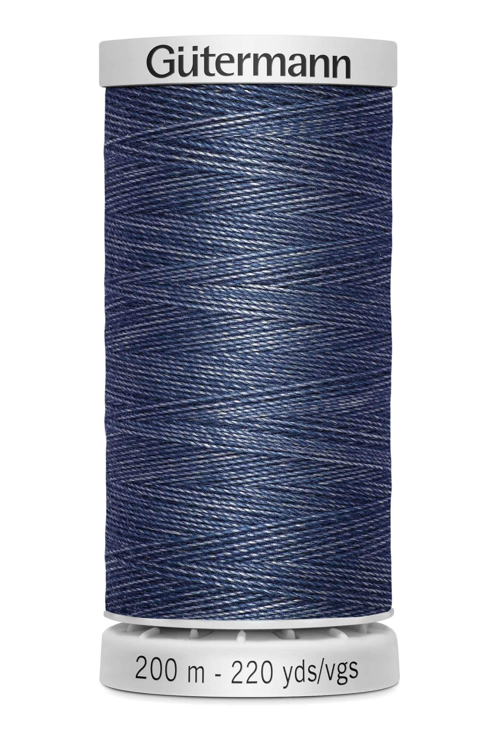 Spool of blue thread with 'Gütermann' branding on a white background
