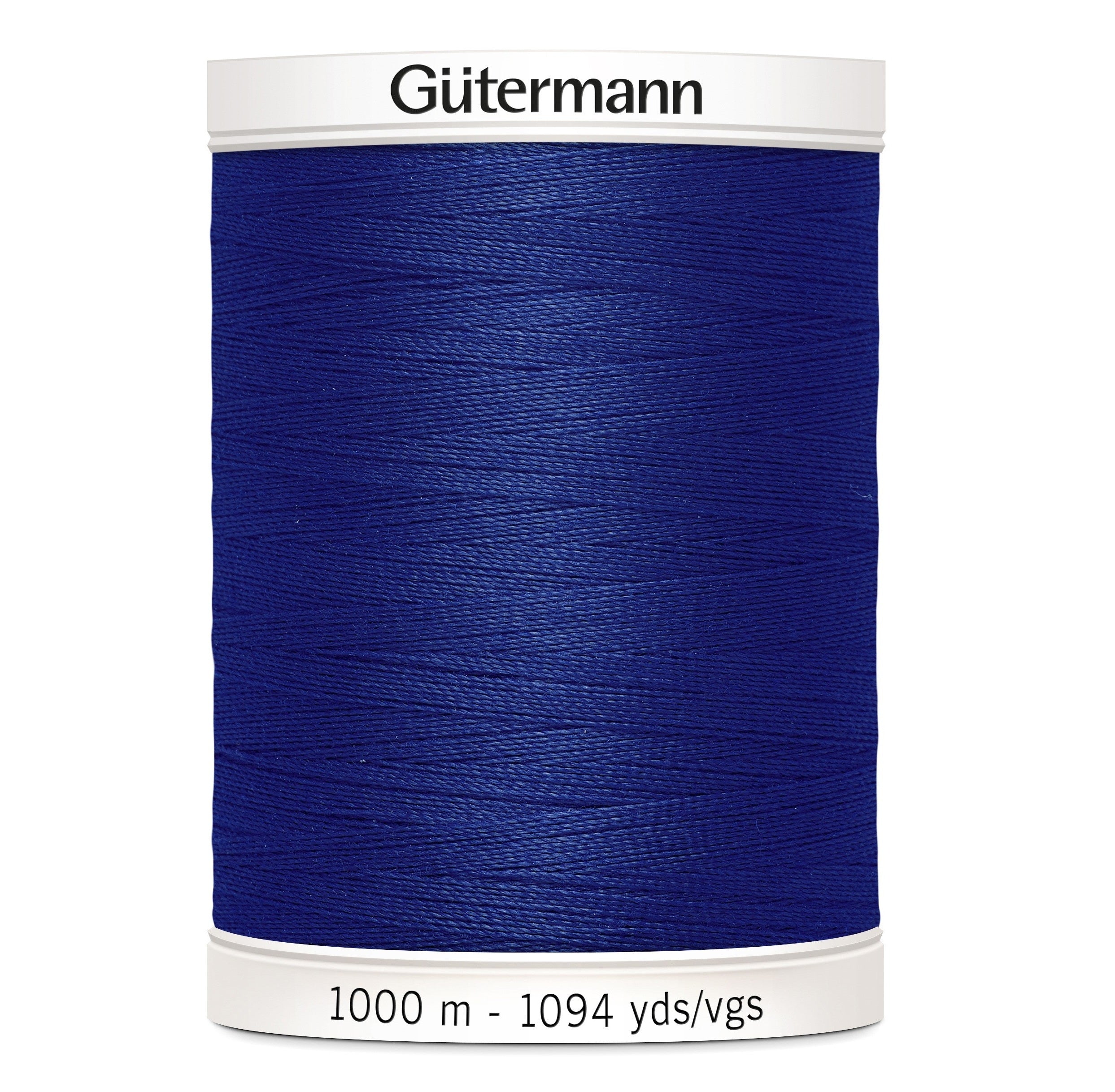A spool of Gutermann sewing thread in a deep royal blue color, with white plastic end caps displaying the brand name 'Gutermann' and the length '1000 m - 1094 yds/vgs'.