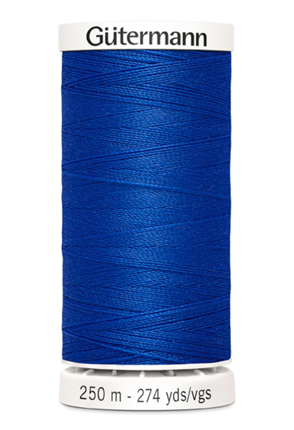 Spool of blue Gutermann thread on a white background