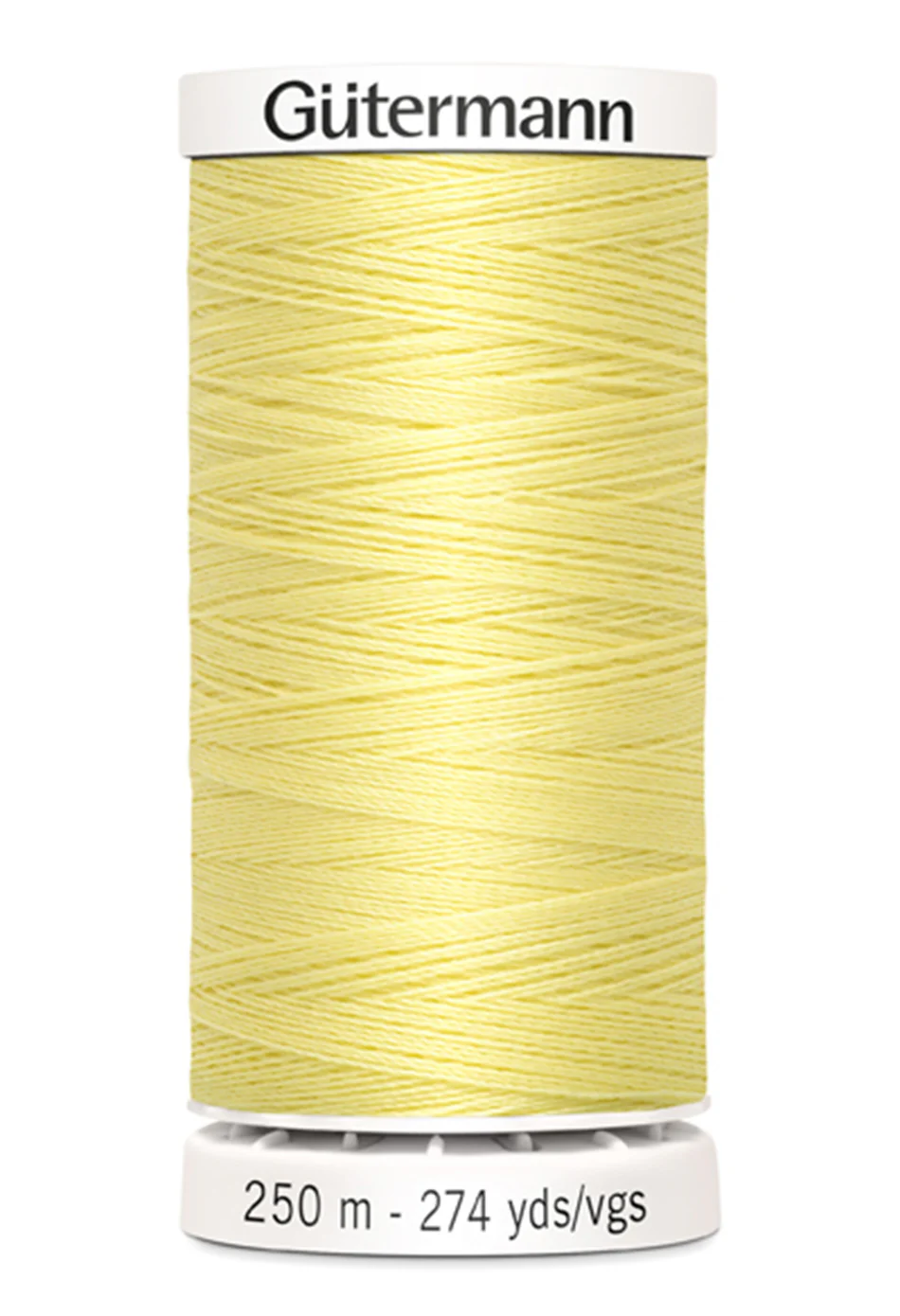 Spool of yellow thread with 'Gutermann' branding on a white background