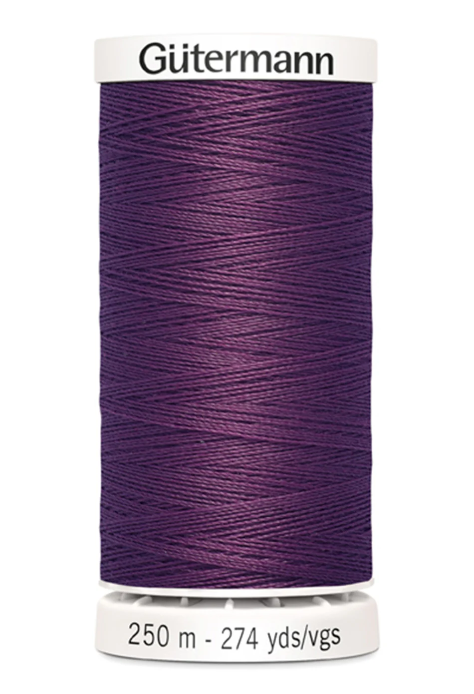 Spool of purple thread with 'Gütermann' branding on a white background