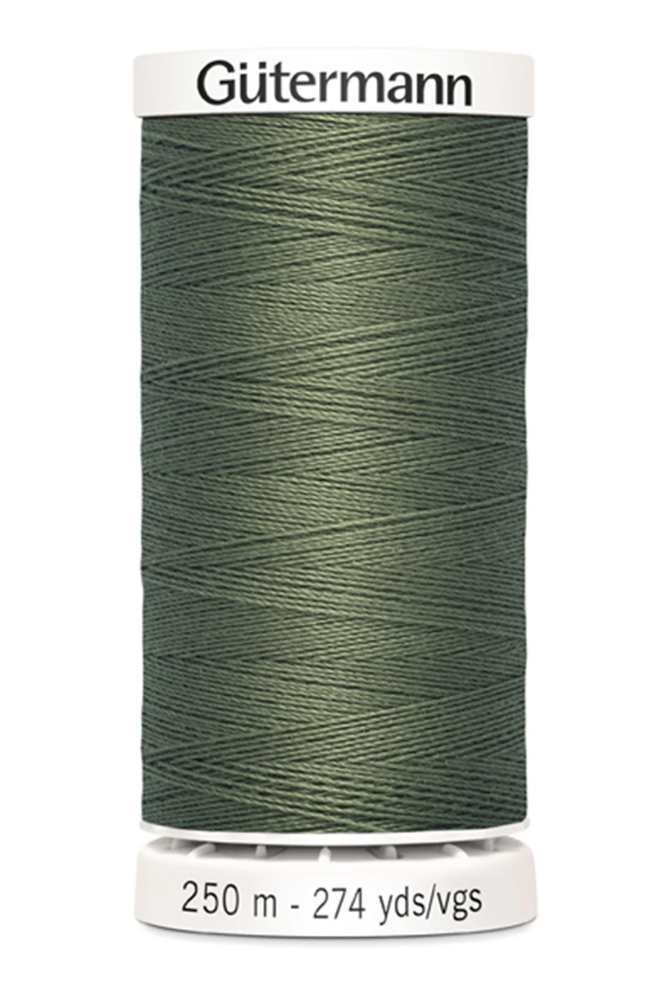 Spool of green thread with 'Gütermann' branding on a white background