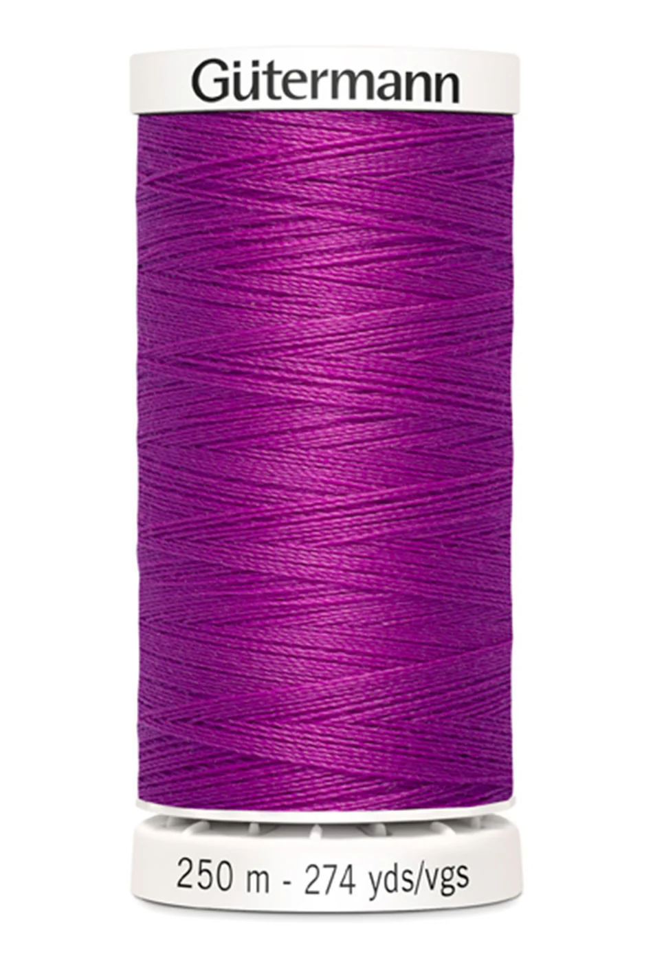 Spool of purple Gutermann thread on a white background