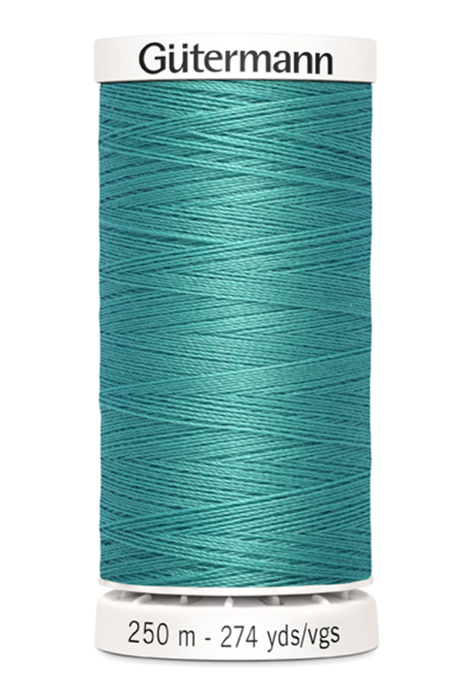 Teal spool of Gütermann thread on a white background