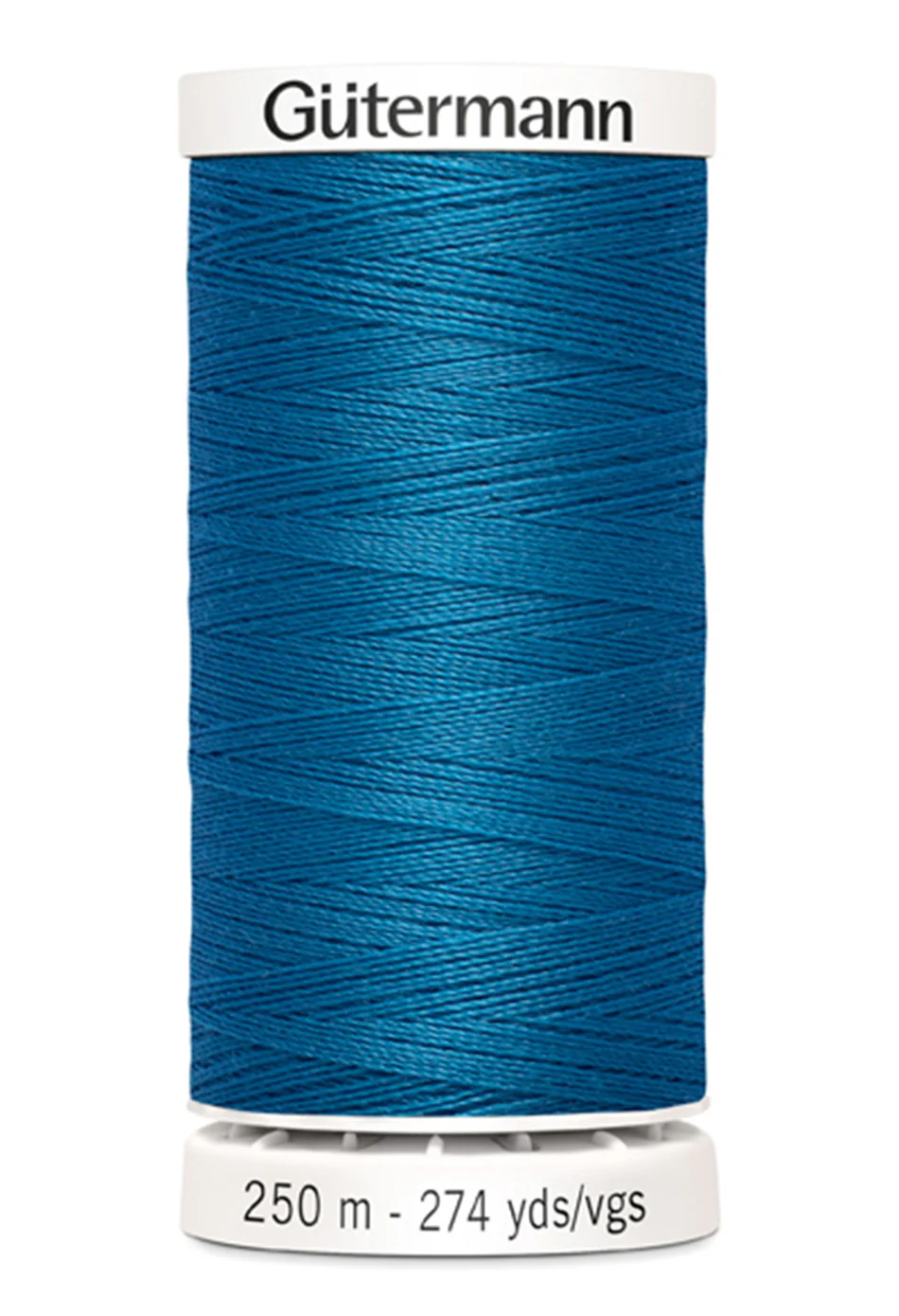 Blue spool of Gutermann thread on a white background