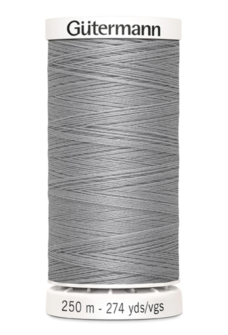 Gray spool of Gutermann thread on a white background