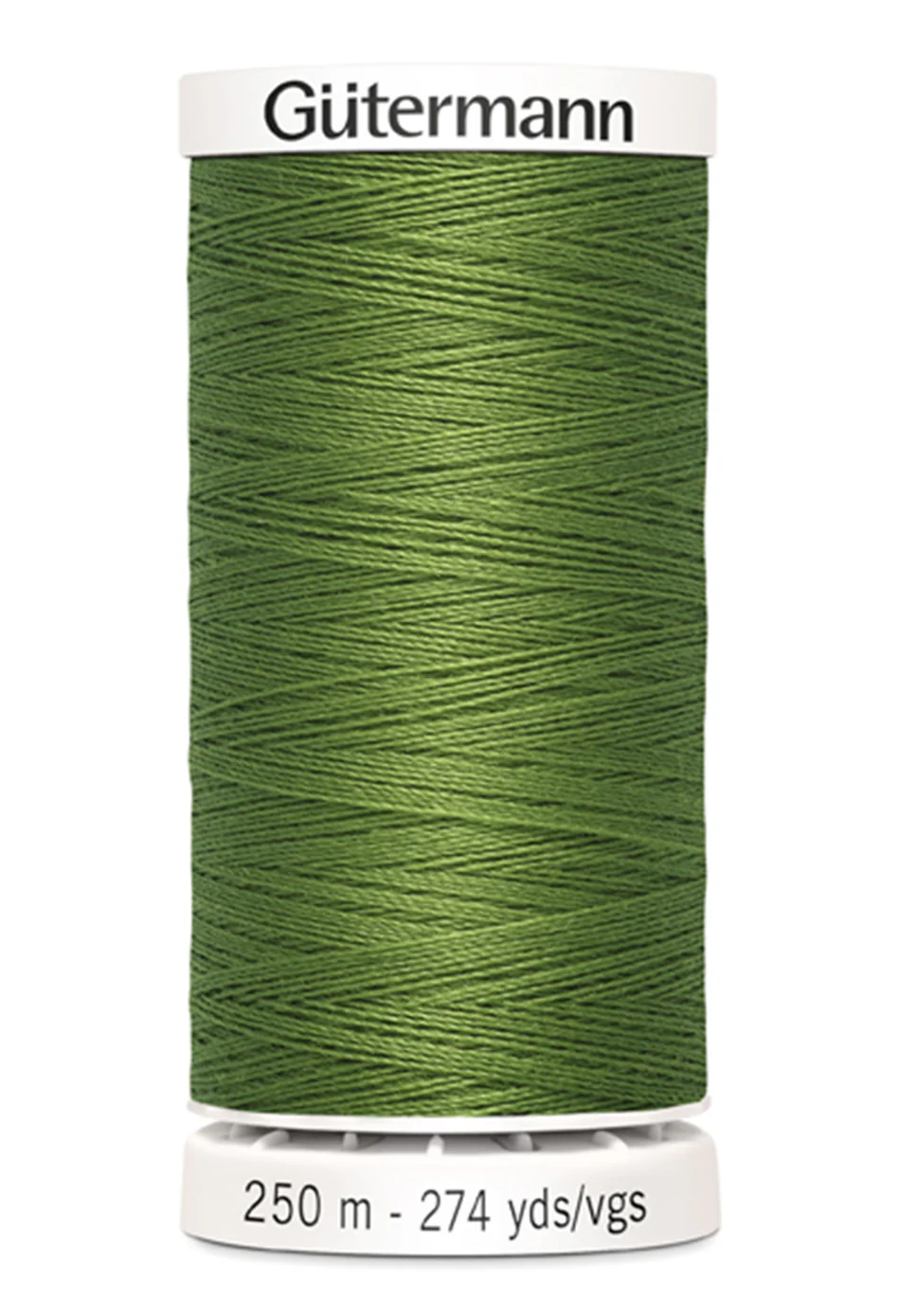 Green spool of Gutermann thread on a white background