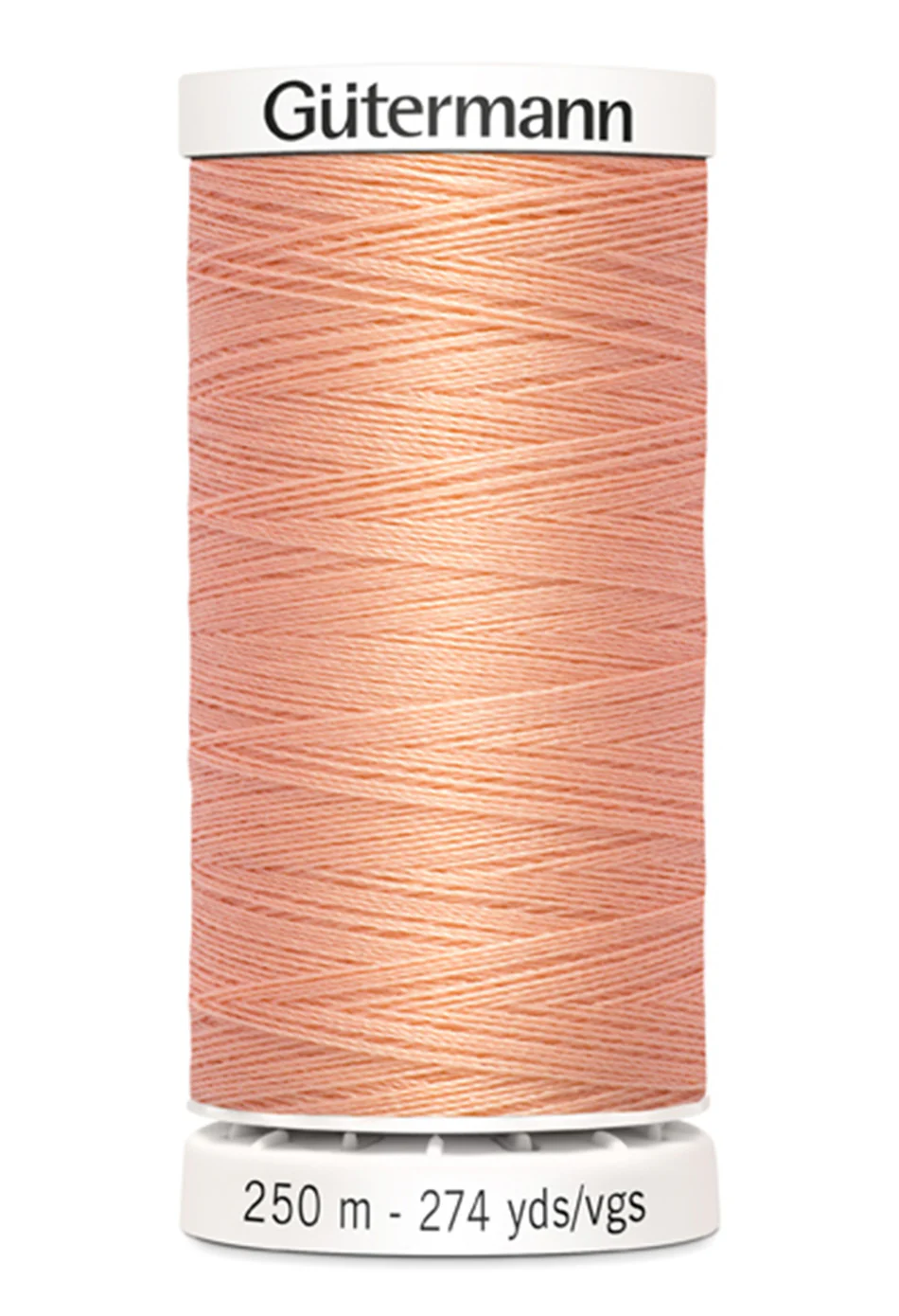 Spool of Gutermann thread in a shade of pink on a white background