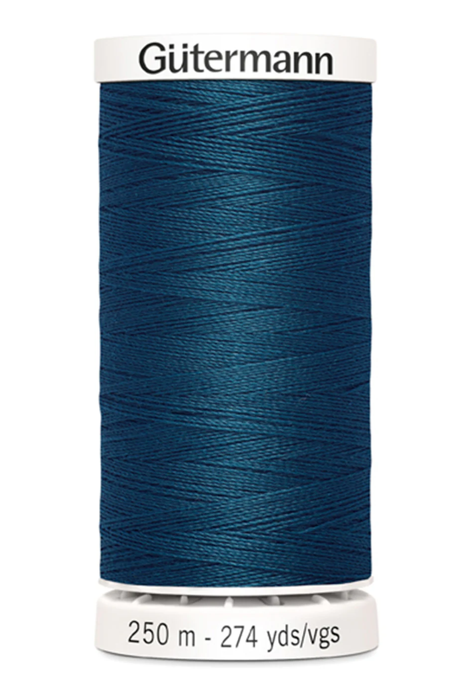 Spool of Gutermann thread in a shade of blue on a white background
