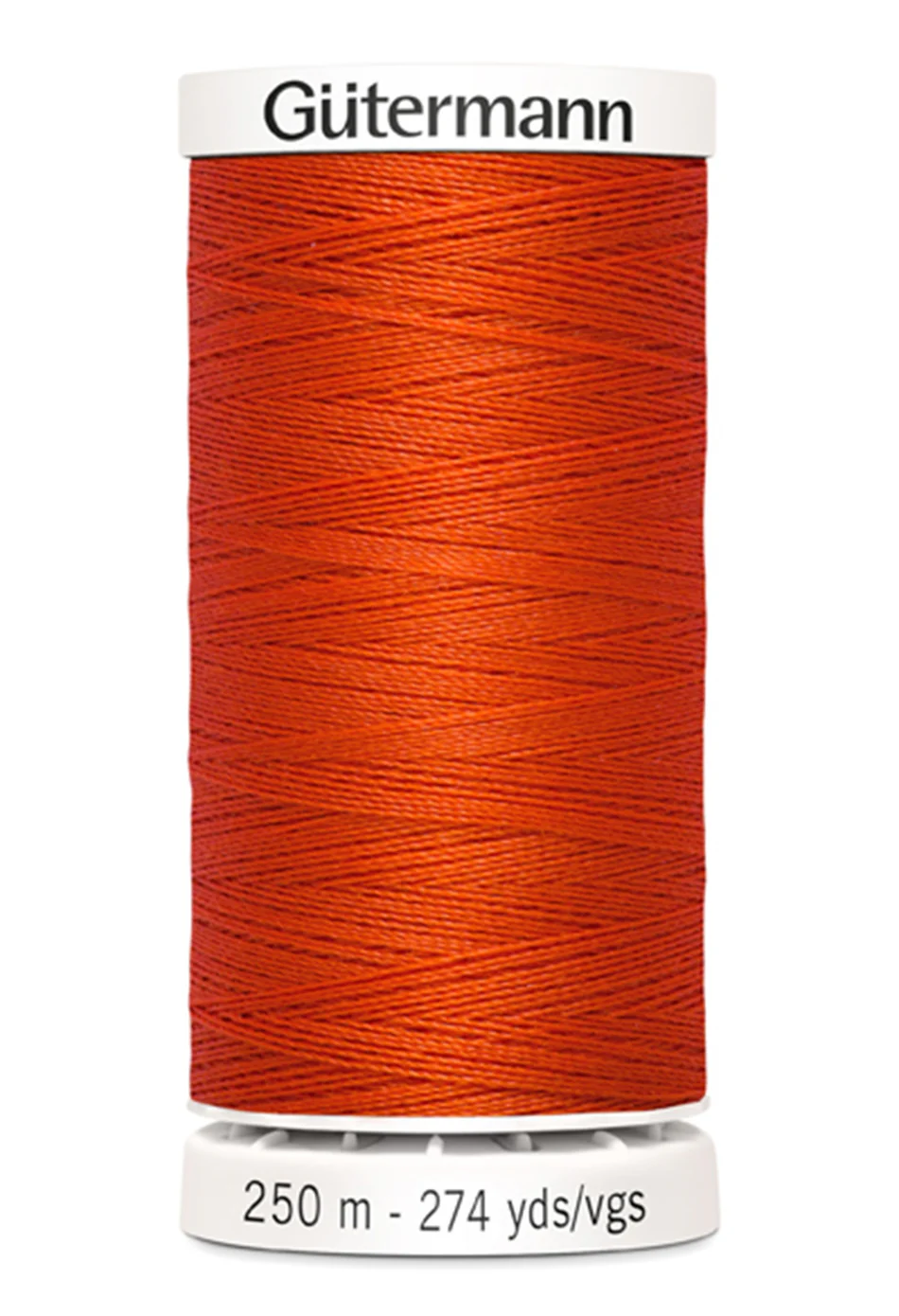 Spool of orange thread with 'Gütermann' branding on a white background