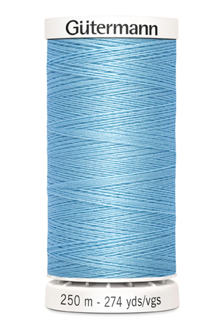 Spool of Gutermann thread in light blue on a white background