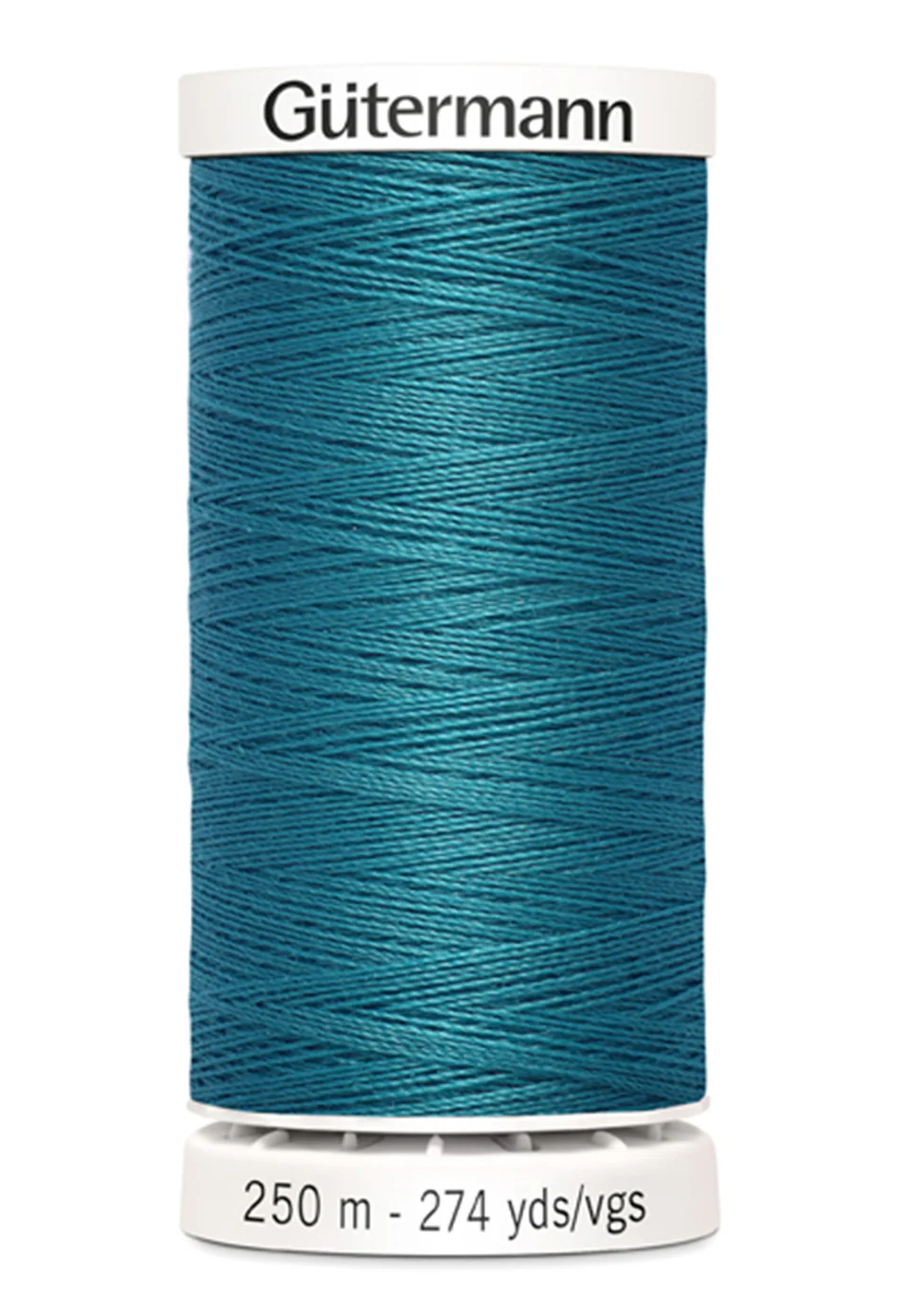 Spool of Gutermann thread in blue on a white background