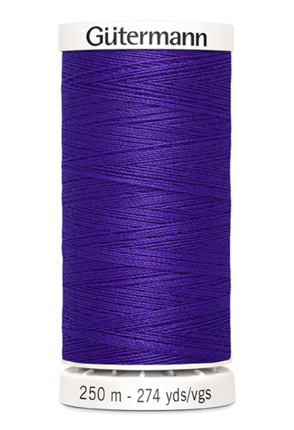 Spool of Gutermann thread in purple on a white background