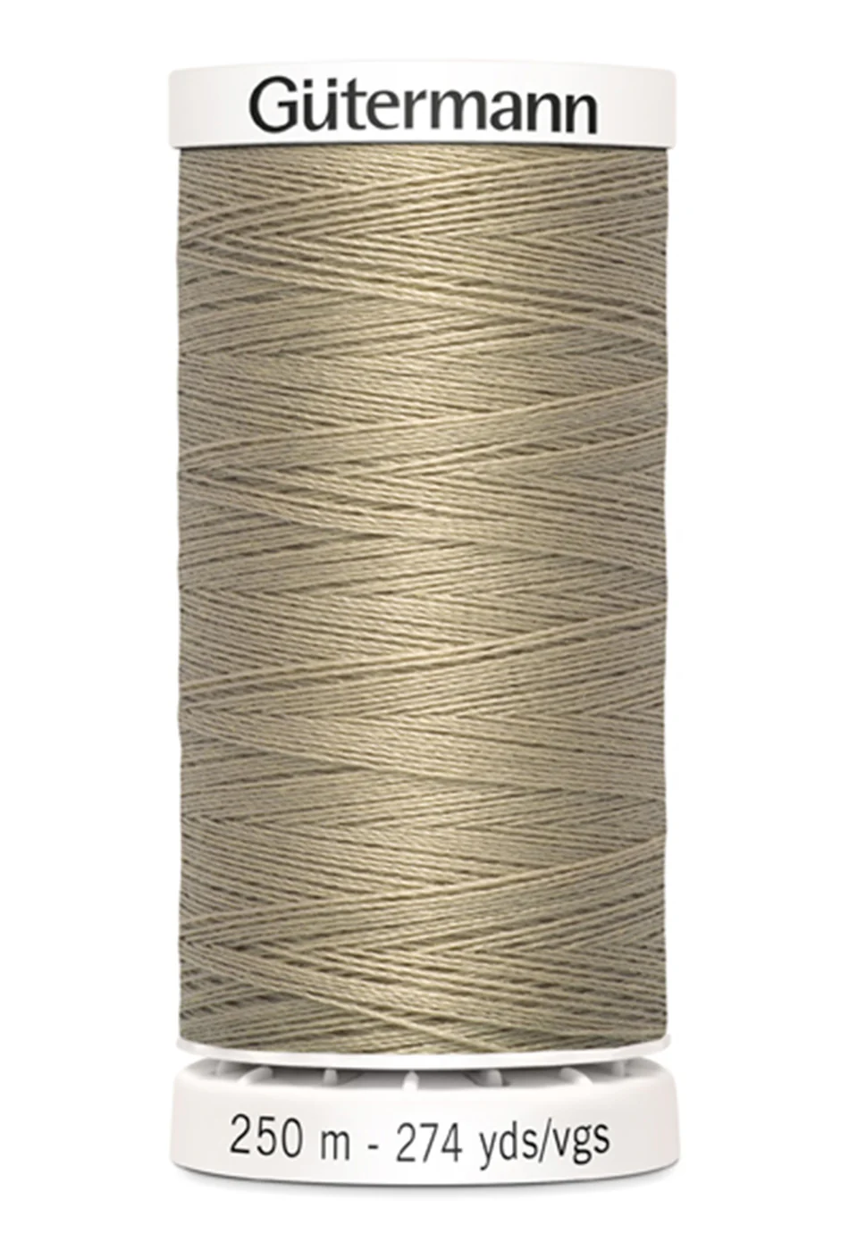 Spool of Gutermann thread in gray on a white background