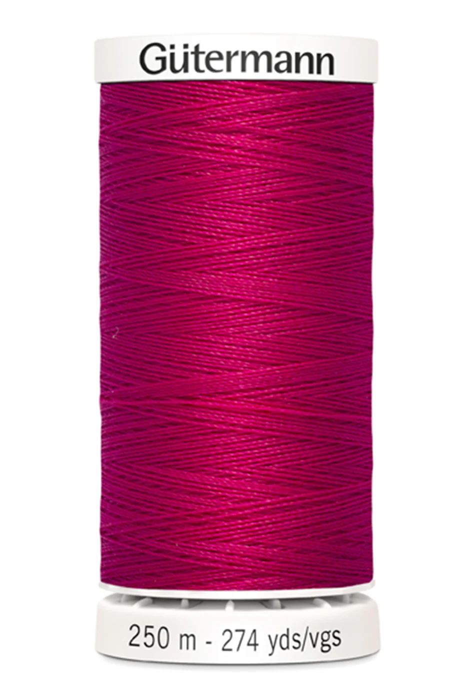Spool of Gutermann thread in bright pink on a white background