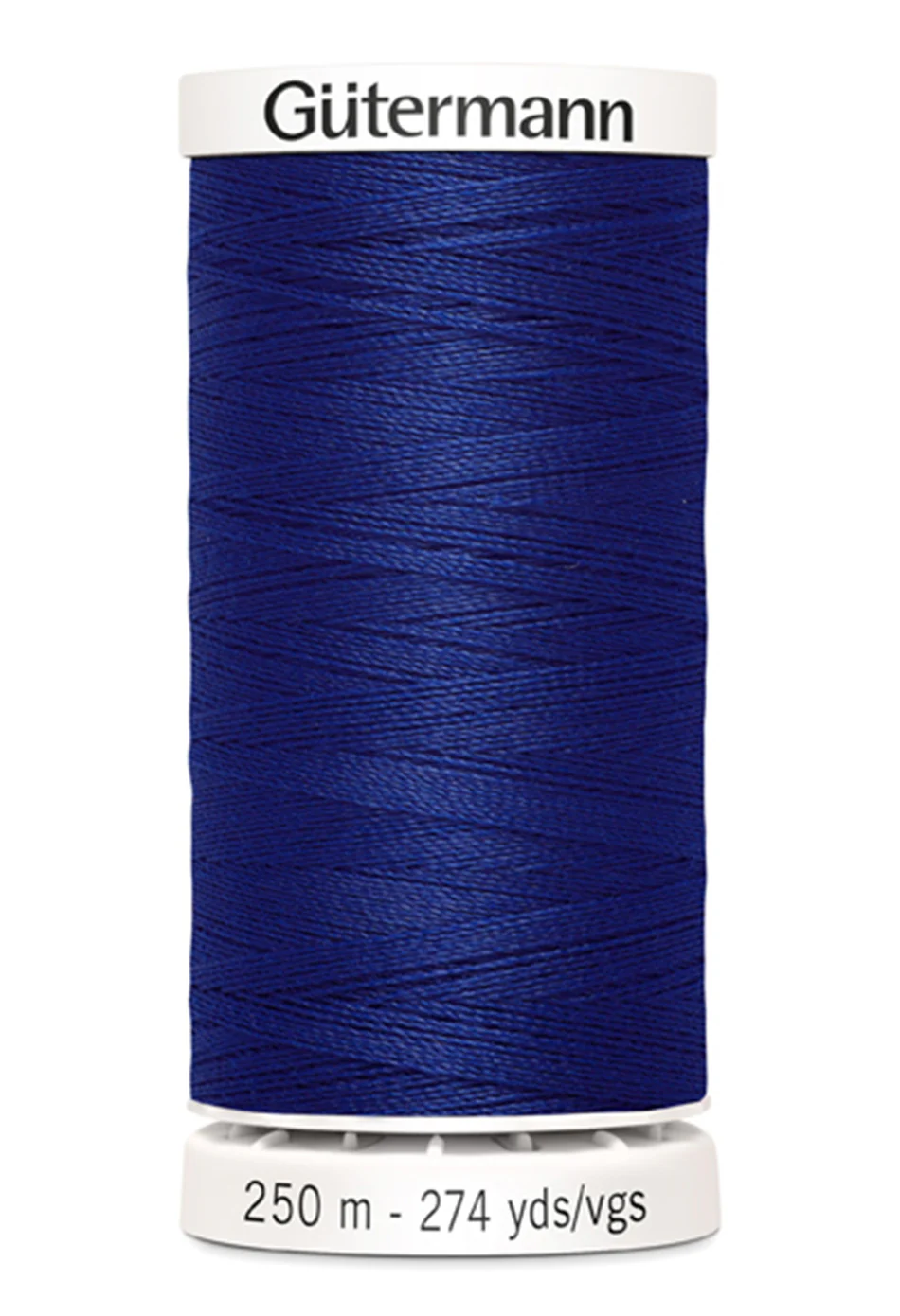 Blue spool of Gutermann thread on a white background