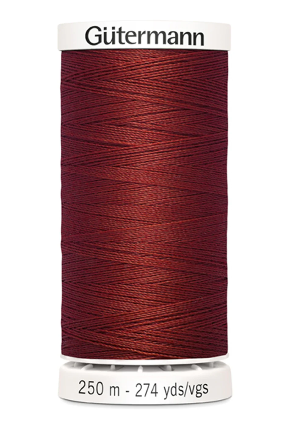 Spool of red thread with 'Gütermann' branding on a white background