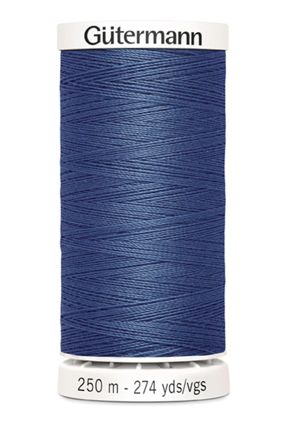 Spool of blue Gutermann thread on a white background