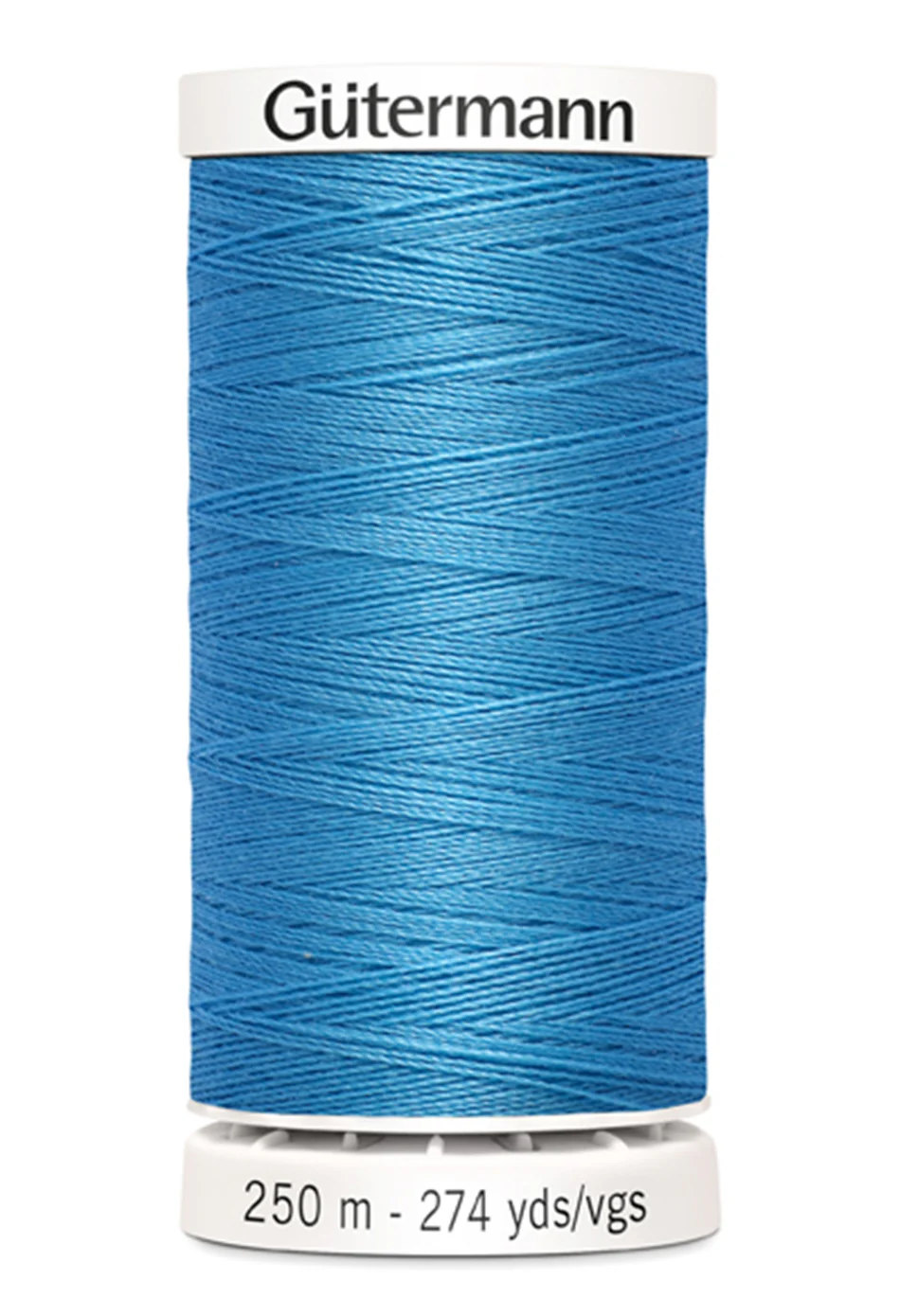 Blue spool of Gutermann thread on a white background