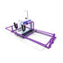 A white and blue sewing machine mounted on a large purple metal frame, shown on a clean white background.