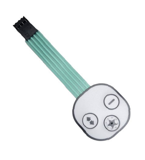 A small electronic control module with a round white faceplate featuring three gray control icons and a multi-pin black connector attached to a mint green ribbon cable, isolated on a white background.