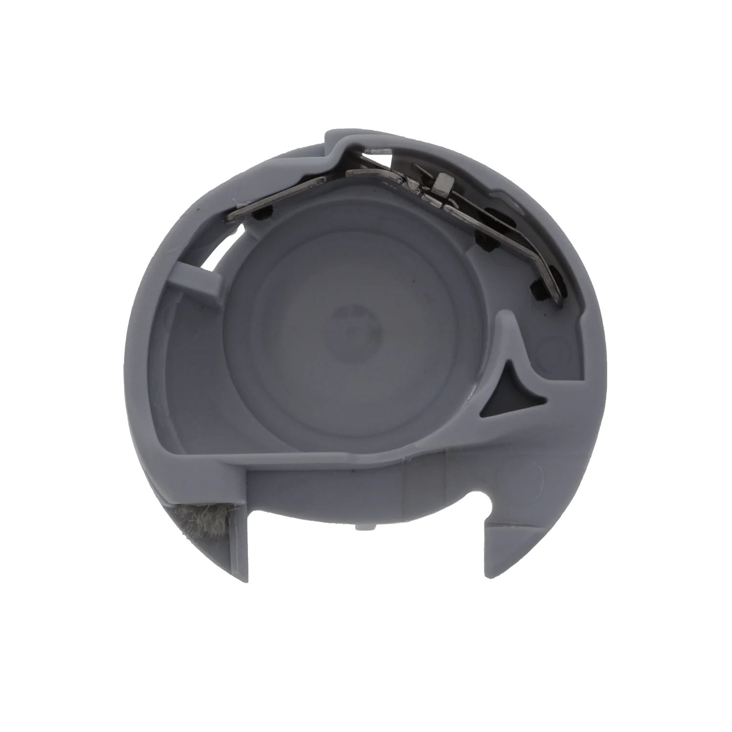 A gray plastic circular component with a central circular opening, molded edges, and a small dark metal spring or clip visible at the top, isolated on a white background.