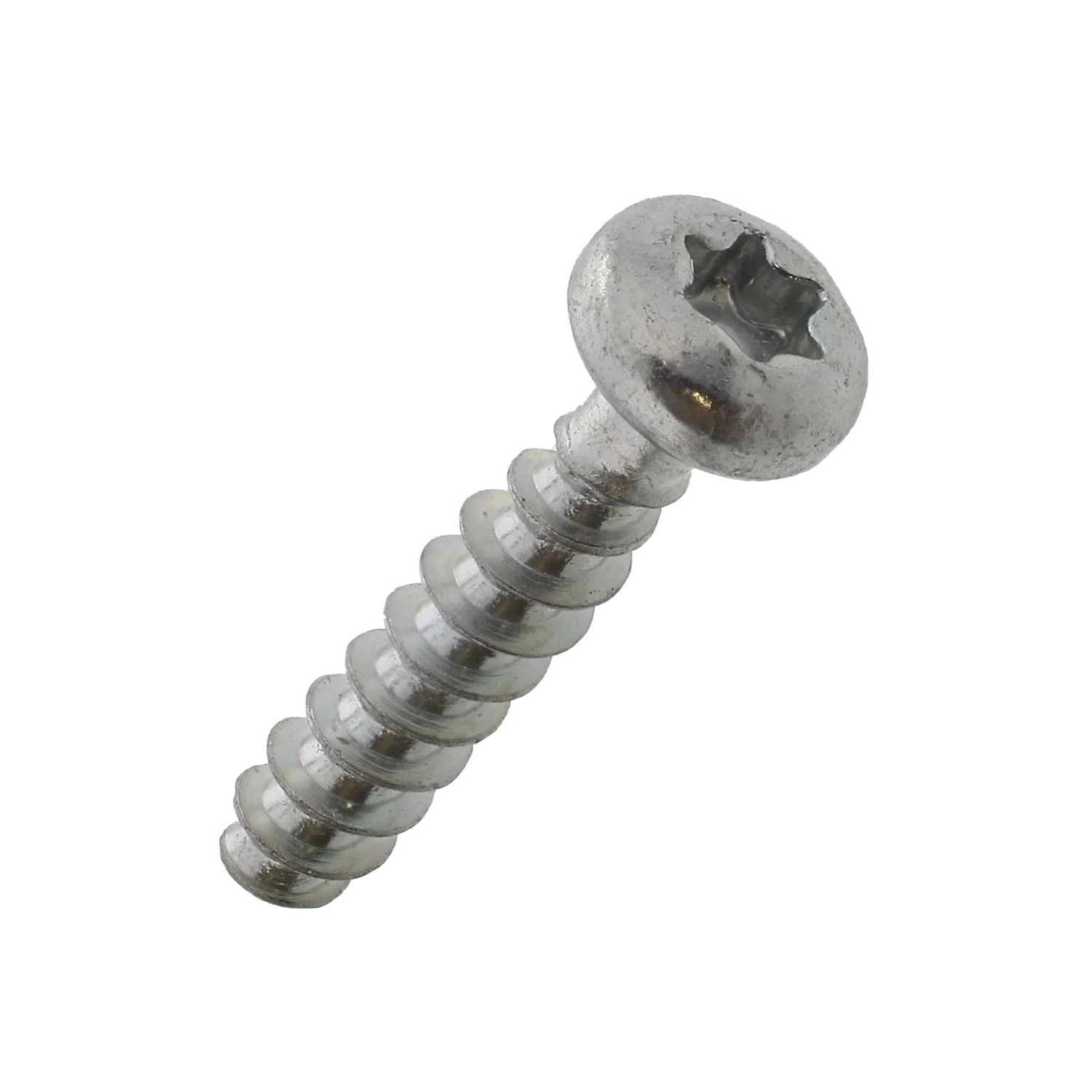 A single silver metal screw with a slotted cross recess on the head, shown diagonally on a plain white background.