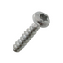A single silver metal screw with a slotted cross recess on the head, shown diagonally on a plain white background.