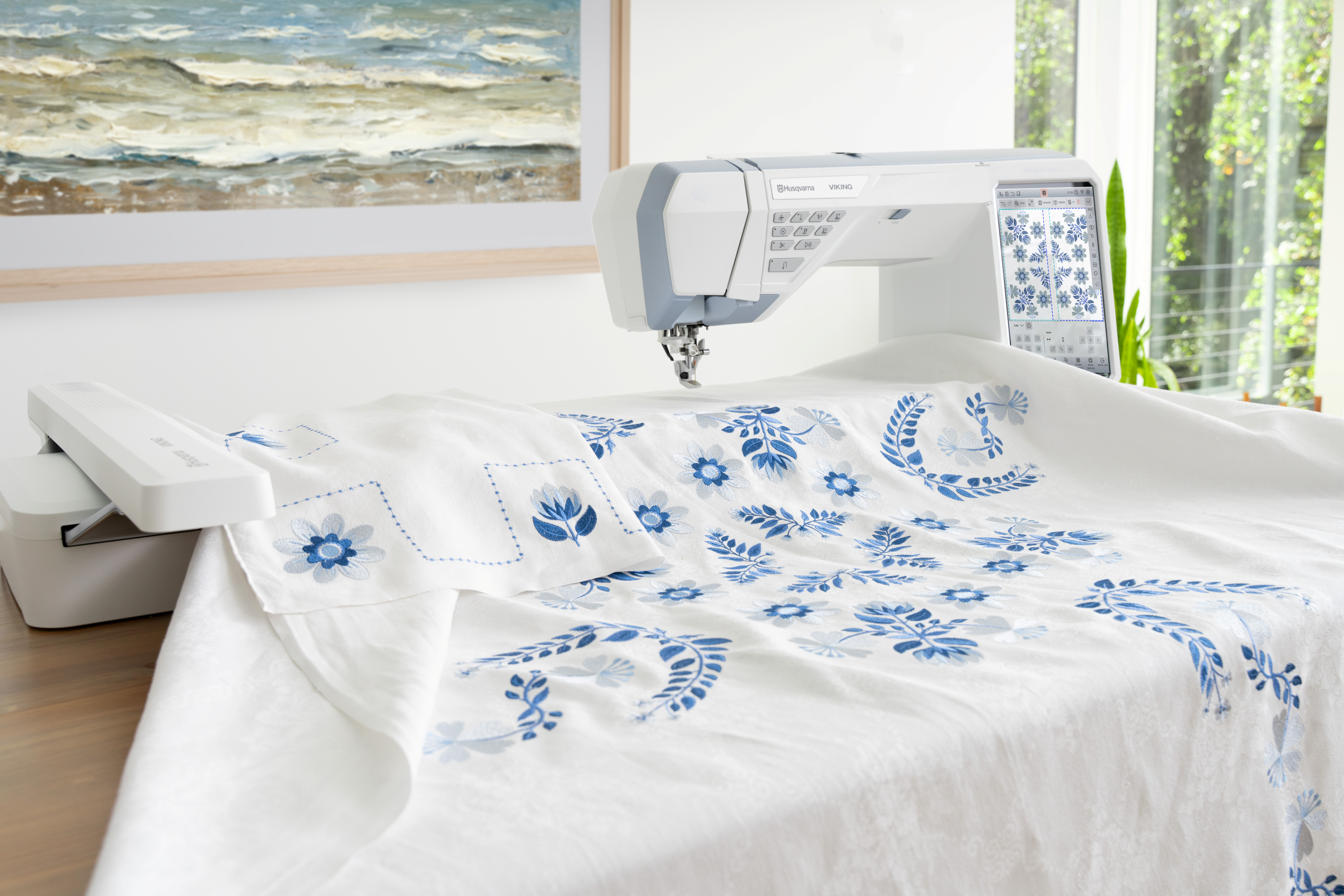 Husqvarna Viking Designer Epic 3 Nordic Frost Sewing and Embroidery Machine Closer Picture of Example Embroidery with Plant and Painting