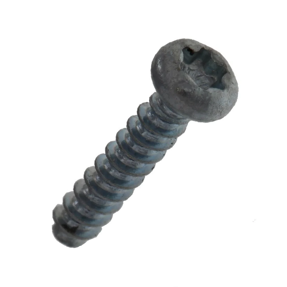 A single metal screw with a dark gray, slightly oxidized finish, shown diagonally on a plain white background.