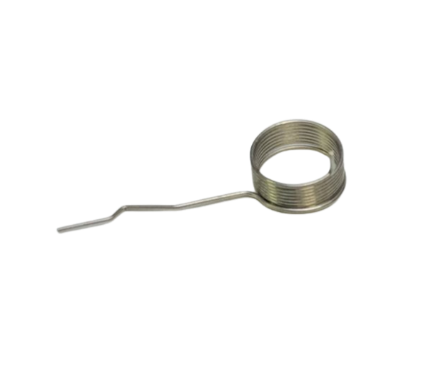 A small metallic coil spring with a bent wire stem, shown on a plain white background.