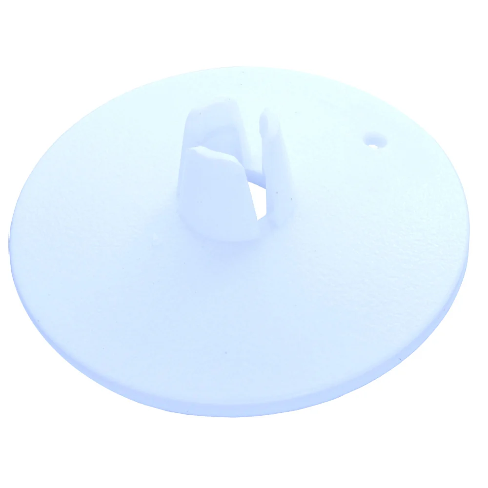 A white plastic circular cap or cover with a central tab and a small hole on the right side, shown on a plain white background.