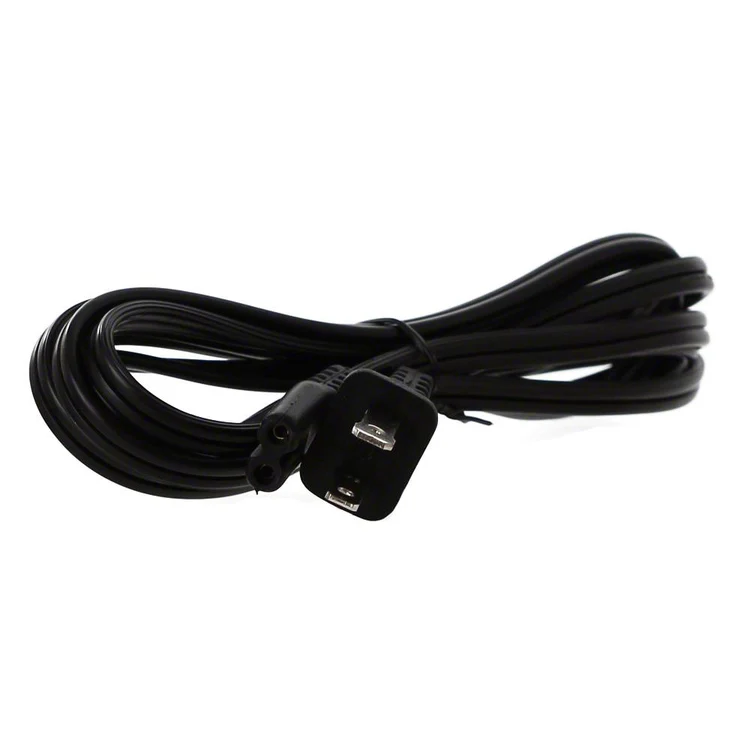 Black power cord with plug on a white background