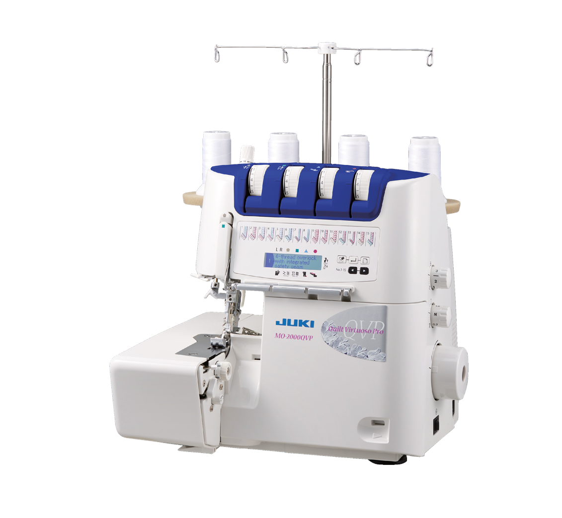 Juki sewing machine with multiple spools of thread on a white background
