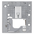 A square gray metal mounting plate or bracket with pre-drilled holes, cutouts, embossed measurement markings, and a small white rectangular component near the bottom right, shown on a plain white background.