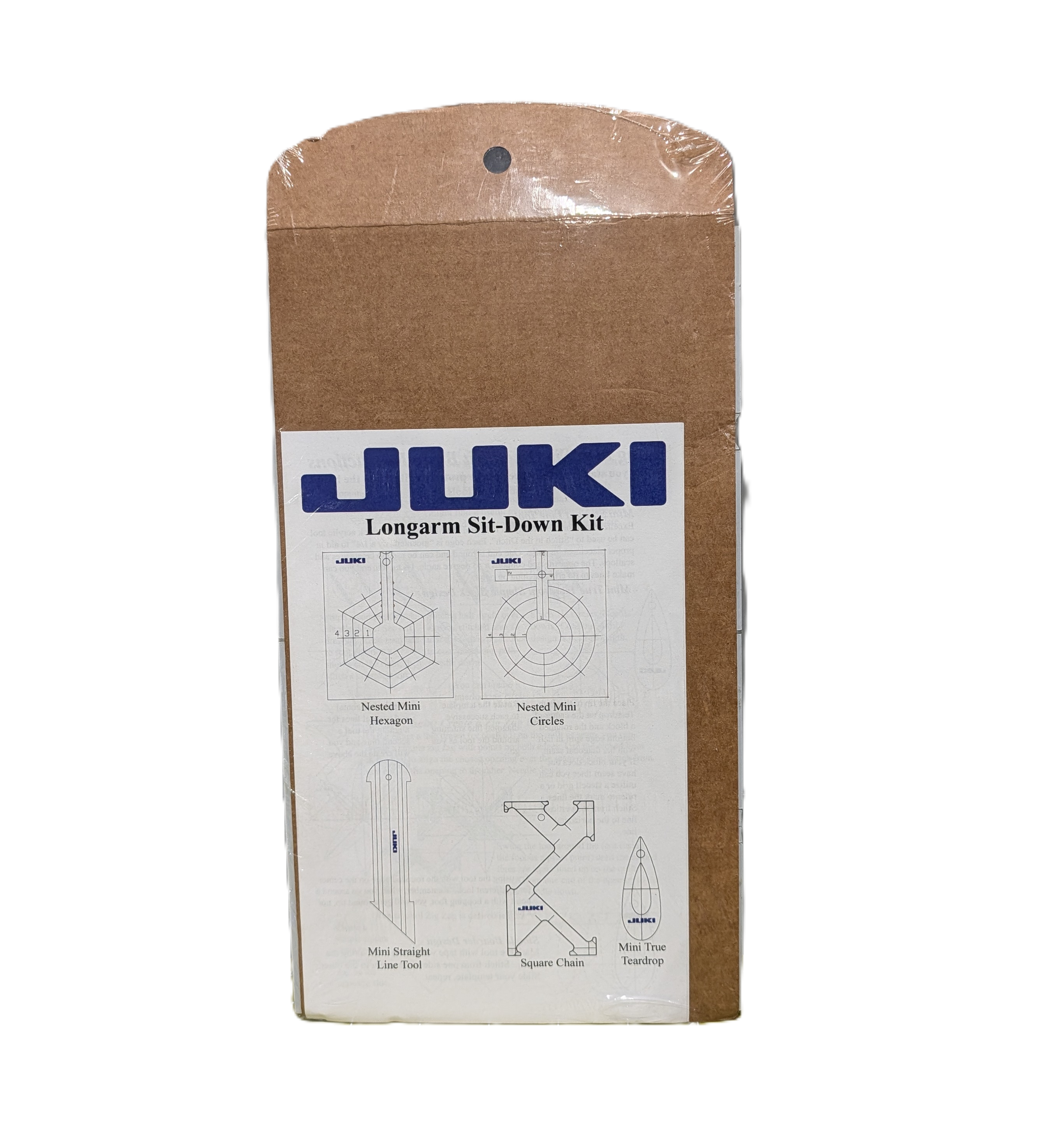 JUKI Longarm Sit-Down Kit in its original brown cardboard packaging with a white label featuring blue branding and technical diagrams.