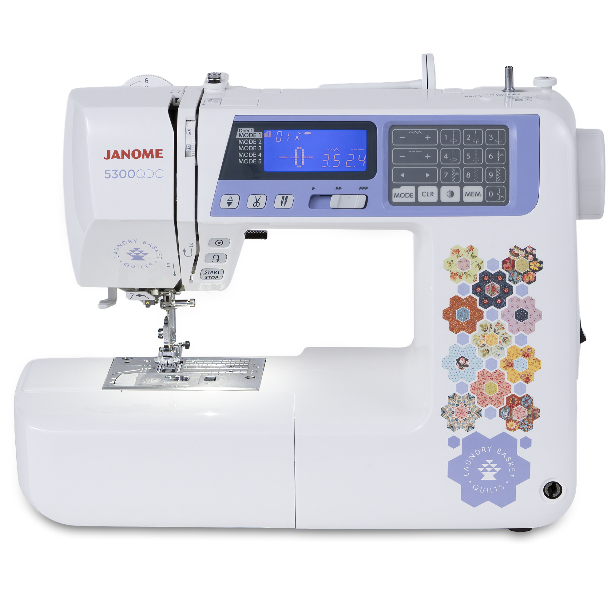 A white Janome 5300 SDC digital sewing machine with a lavender control panel and colorful quilt pattern graphics on the side, shown on a clean white background.