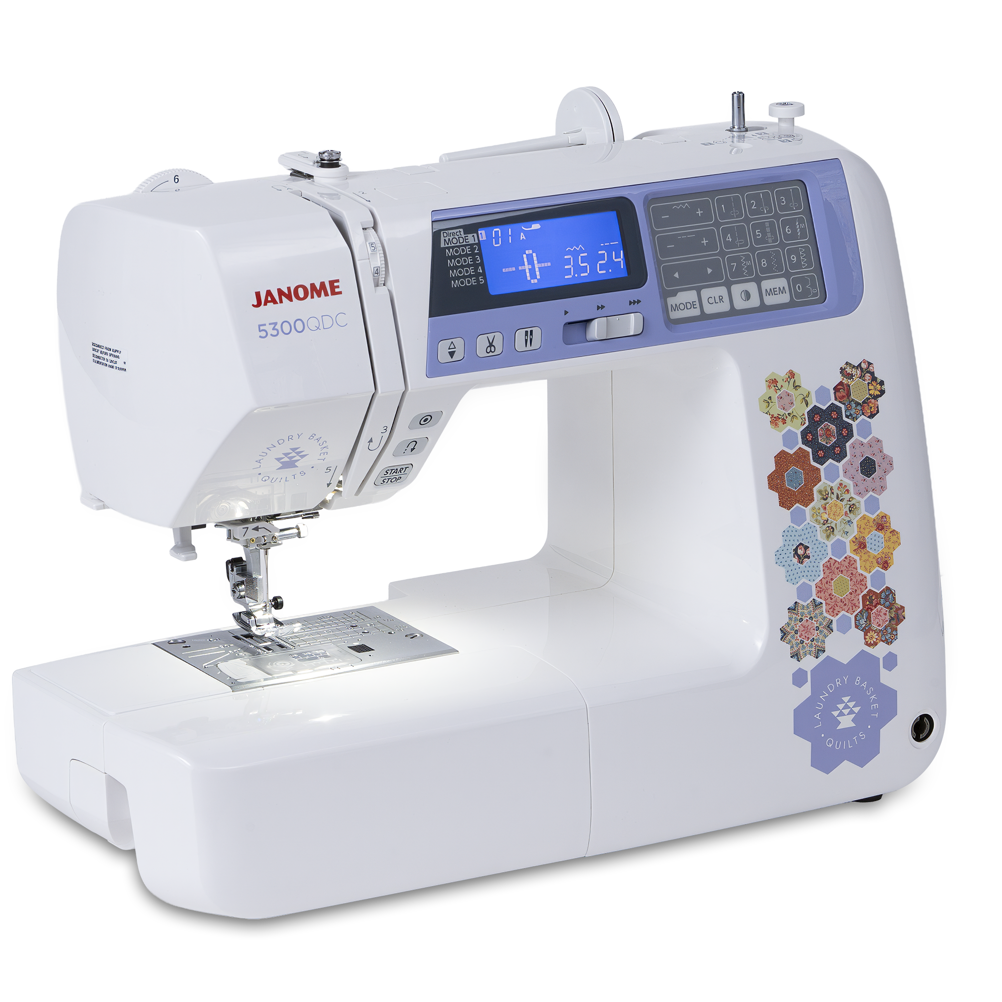 A Janome 5300 QDC sewing machine in white with a light blue control panel and floral pattern accents on the side, shown on a clean white background.
