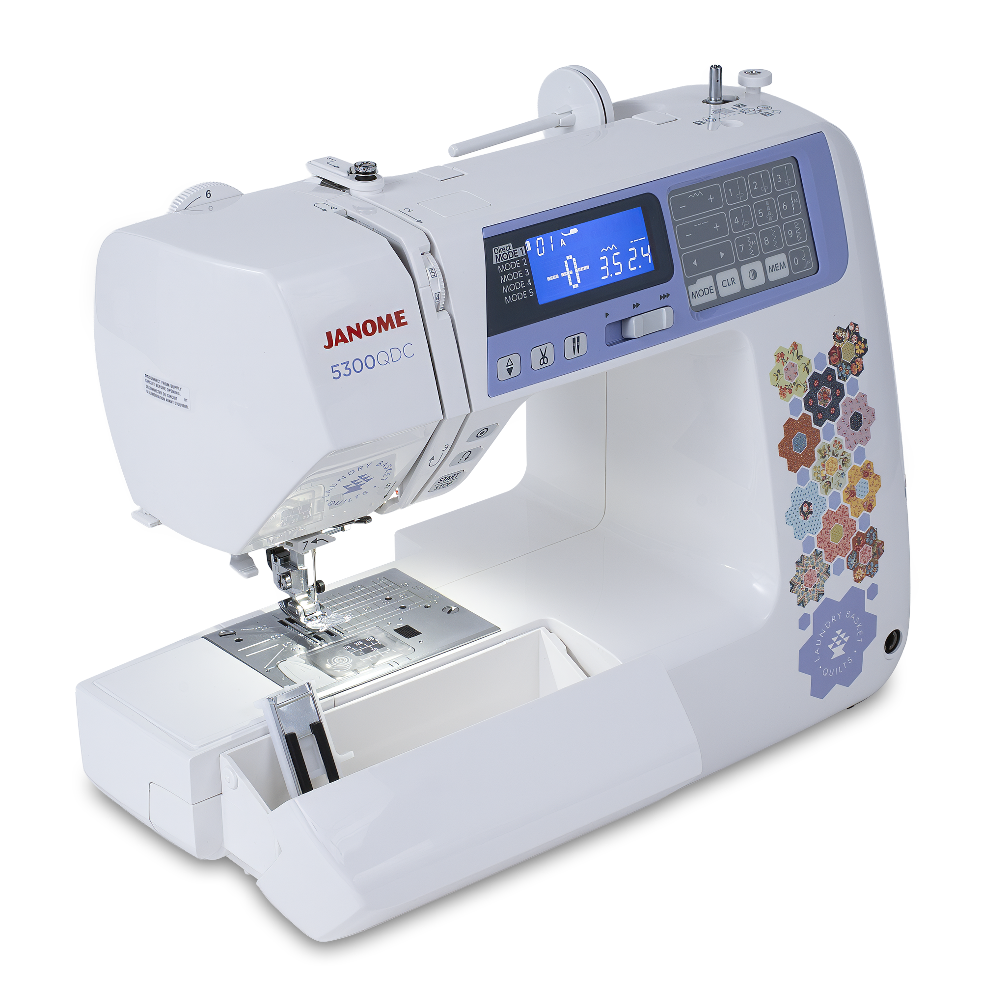 A Janome 53000 DDC sewing machine in white and light purple, featuring a digital LCD screen, floral pattern decoration on the side, and an underarm storage compartment, shown on a solid white background.