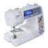 A Janome 53000 DDC sewing machine in white and light purple, featuring a digital LCD screen, floral pattern decoration on the side, and an underarm storage compartment, shown on a solid white background.