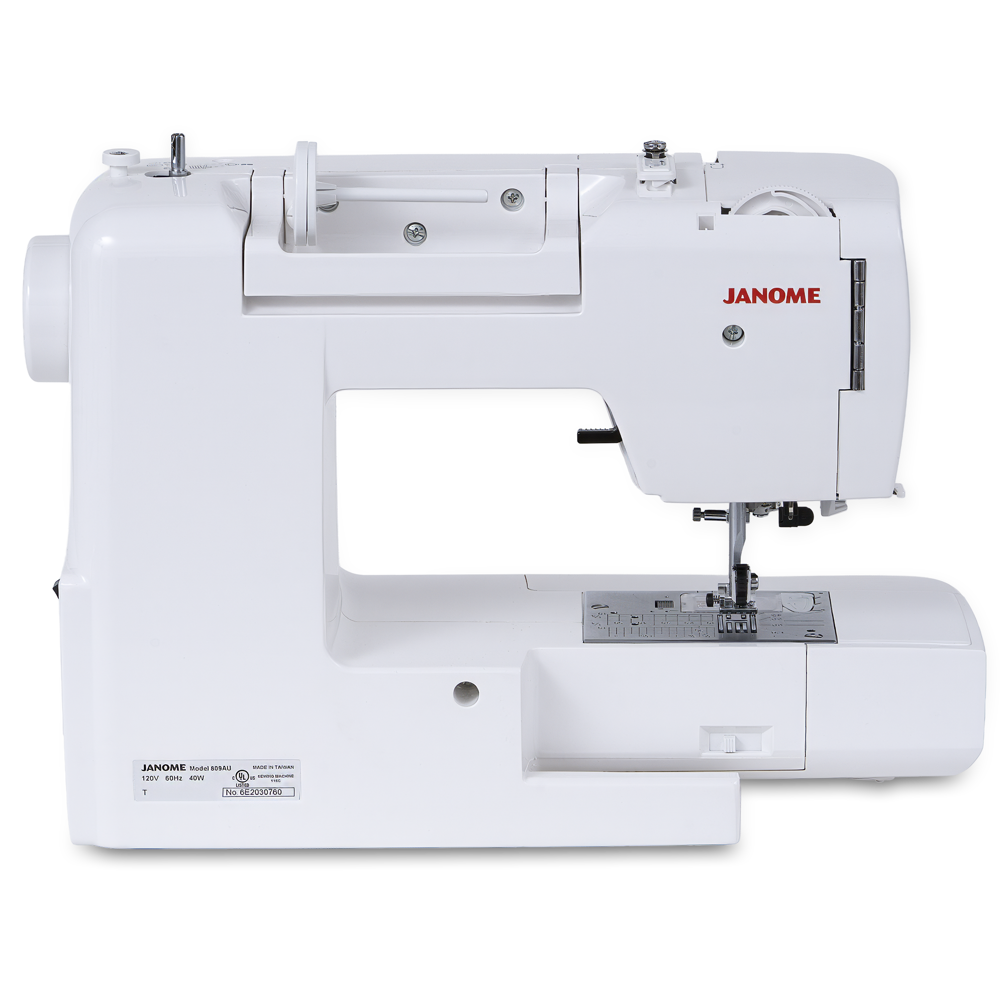 A white Janome sewing machine photographed from a three-quarter angle on a clean white background.