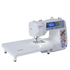 Janome DX900QC sewing machine with an extended white work table, shown on a clean white background. The machine features a white body with a blue digital display screen, red Janome branding, and colorful floral patterns on the side.