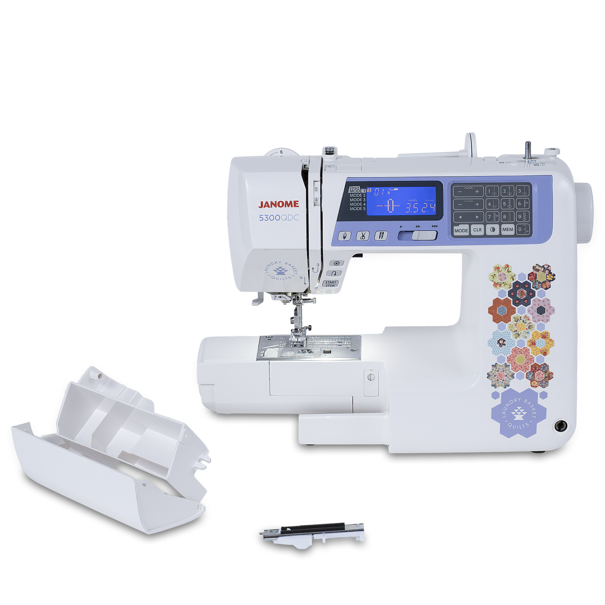 Janome S3300QC sewing machine in white with a purple control panel and floral embroidery graphics, shown with a white storage box and a black presser bar on a white background.