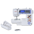Janome S3300QC sewing machine in white with a purple control panel and floral embroidery graphics, shown with a white storage box and a black presser bar on a white background.