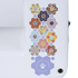 Close-up of a white sewing machine body featuring a vertical decorative pattern of colorful quilted hexagonal motifs and a lavender hexagonal patch labeled 'Laundry Basket Quilts'.